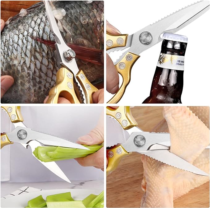 AWinjoy Kitchen Scissors, Heavy Duty Sharp Shears Dishwasher Safe, Kitchen Accessories Cooking Shears for Meat Chicken Fish Poultry Herb Bread (gold)