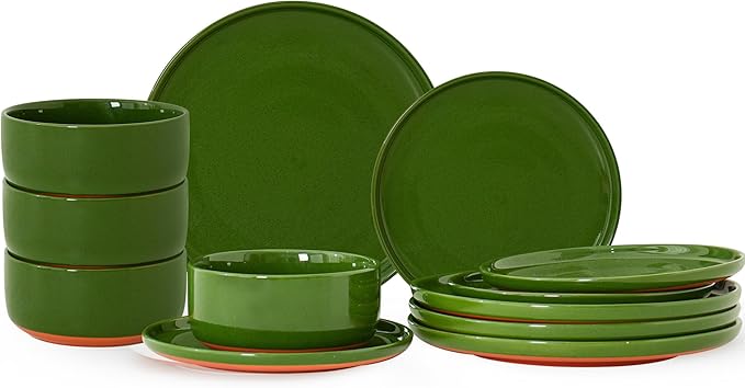 12 Piece Dinnerware Sets for 4, Dual Glaze Stoneware Plates and Bowls Set, Microwave and Dishwasher Safe, Forest Glaze Green