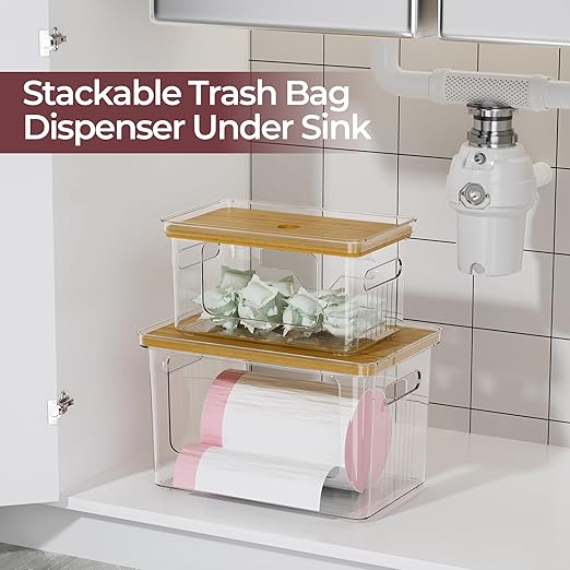 Delamu 2 Pack Acrylic Trash Bag Holder, Stackable Garbage Bag Dispenser with Bamboo Lid, Clear Organizer Bins for Under Sink Organization, Pantry Storage, Cabinet, Kitchen, Laundry, Bathroom