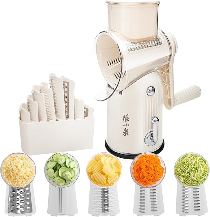 Rotary Cheese Grater Hand Crank with 5-in-1 Interchangeable Blades & Strong Suction Base Vegetables Shredder Manual Slicer for Kitchen, Cream
