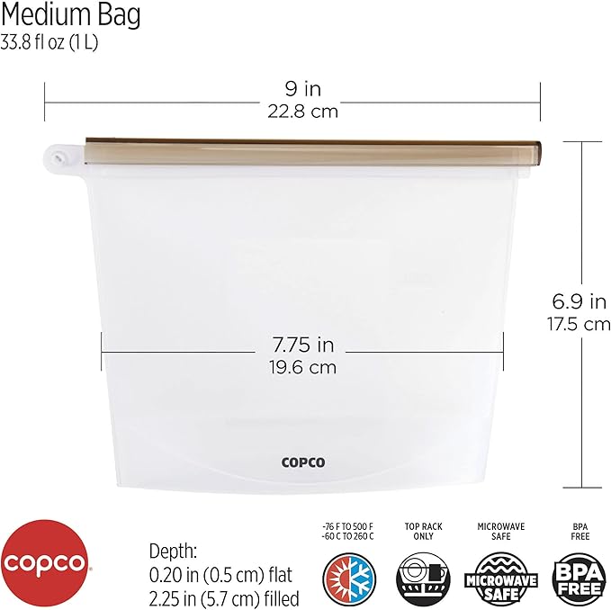 Copco Silicone Food Grade Reusable Storage Bag, Clear (Medium), Reduce Single-Use Plastic, Air-Tight, Leakproof, Dishwasher-Safe, Eco-friendly, 33.8 Ounce, Clear