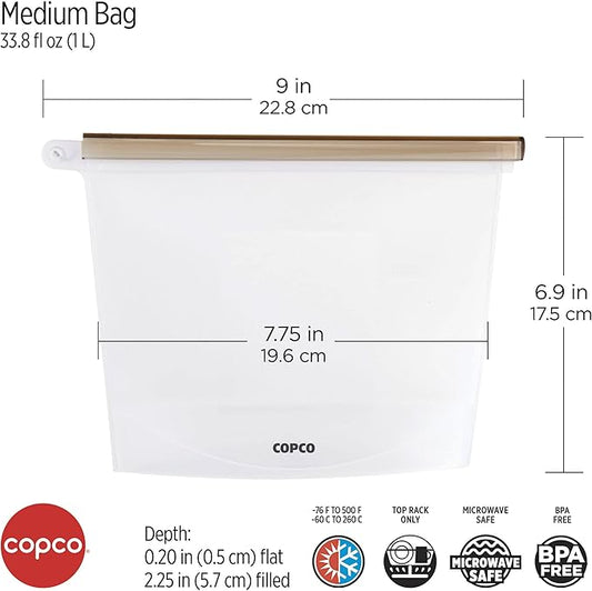 Copco Silicone Food Grade Reusable Storage Bag, Clear (Medium), Reduce Single-Use Plastic, Air-Tight, Leakproof, Dishwasher-Safe, Eco-friendly, 33.8 Ounce, Clear