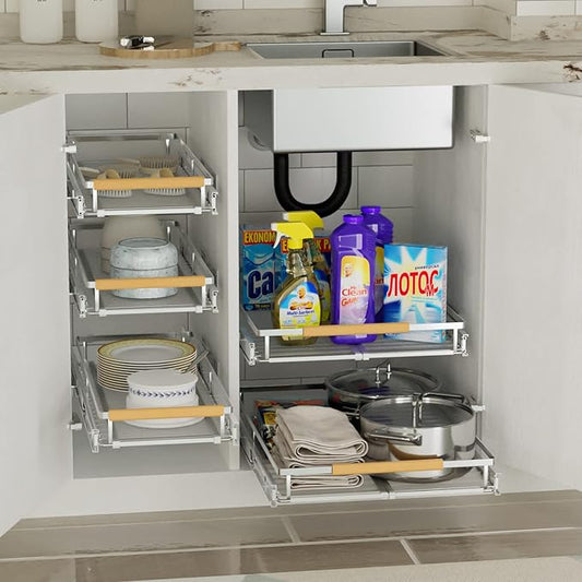SANNO Pull Out Cabinet Organizer, Cabinet Slide Out Shelf, Pots Pans Organizers Shelves with Sliding for Cupboard Pantry Under Sink Closet, Expandable Width 17.1to 27" W x 22.5" D