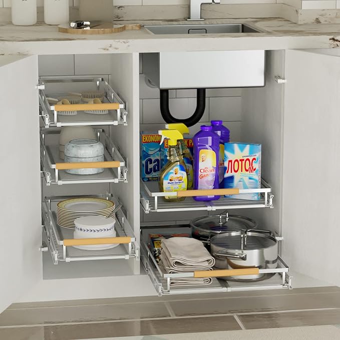 SANNO Pull Out Cabinet Organizer, Sliding Shelf, Pots and Pans Organizer, Expandable Shelf Drawer, Width 12.118.4"