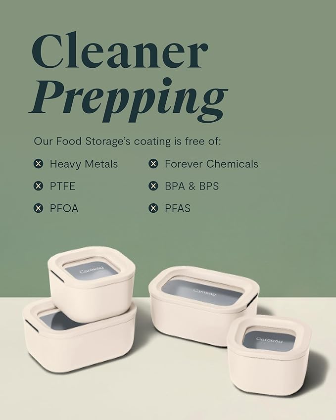 Caraway 6pc Food Storage Container Set - 1.75 Cup Glass Storage Container for Food (6) - Non-Toxic Ceramic-Coated Glass - Air Release Technology - Compact & Stackable Design - Sage