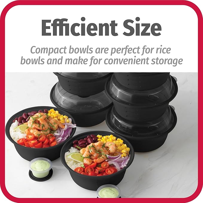 GoodCook 4-Cup Meal Prep Bowls Set with Lids and Dressing Cup, Microwavable Food Storage Containers for Meal Prepping, Set of 10, Black (Pack of 4)