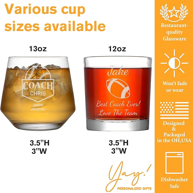 Personalized Coach Gifts for Men, Custom Whiskey Glass with Engraved Name, Soccer Football Softball Volleyball Coach Gifts Wrestling Gymnastics Coach Gift