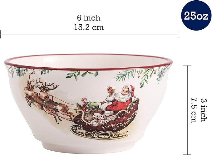 Bico Santa On The Way Cereal Bowls Set of 4, 25 oz Deep Ceramic Soup Bowls for Cereal, Salad, Noodles, Kitchen, Microwave and Dishwasher Safe, Gift for Housewarming and Christmas