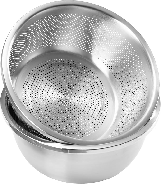 Colander and Bowl Set 5.0QT (2-in-1) - Thickened 304 Stainless Steel Kitchen Strainer Bowl for Fruit, Pasta, Vegetables, Rice - Heavy Duty, Induction Cooker & Dishwasher Safe