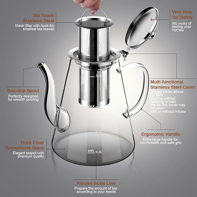 Glass Teapot, 1200ml (40oz) Tea Pot with Infuser for Loose Tea and Blooming Tea, Stovetop Safe Tea Kettle, Hand Crafted Borosilicate Glass Tea Maker with Scale Line, Tea Gift Set for Tea Lovers