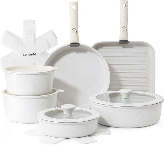 SENSARTE 17 Piece Pots and Pans Set, Nonstick Detachable Handle Cookware Set, Induction Kitchen Cookware Set with Removable Handle, Healthy Non Stick for RV, Dishwasher ＆ Oven Safe, PFOA Free (White)