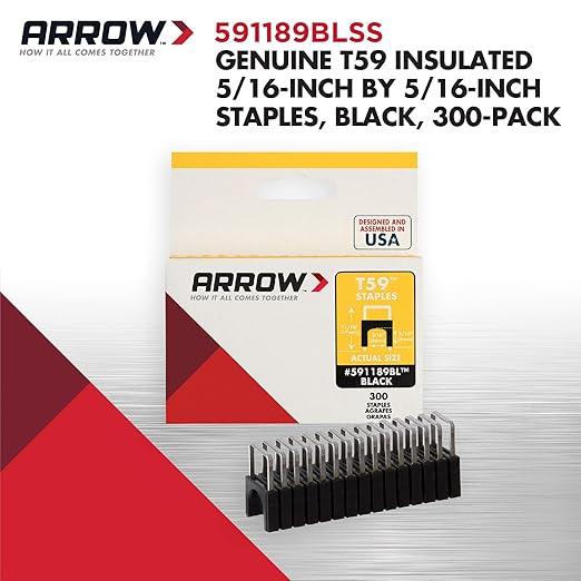 Arrow 591189BLSS Genuine T59 Stainless Steel 5/16-Inch Leg Length by 5/16-Inch Crown Width Insulated Staples for Cable and Wiring, Black, 300 Count
