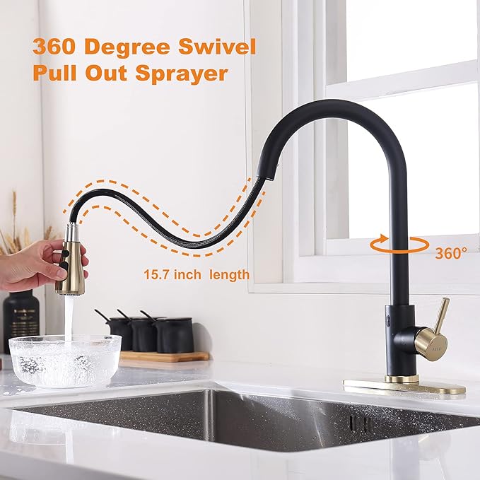 Touchless Kitchen Faucet with Pull Down Sprayer, Motion Sensor Kitchen Faucet with Kitchen Soap Dispenser, Single Handle High Arc Pull Out Faucet for Kitchen Sink,Black and Polished Chrome