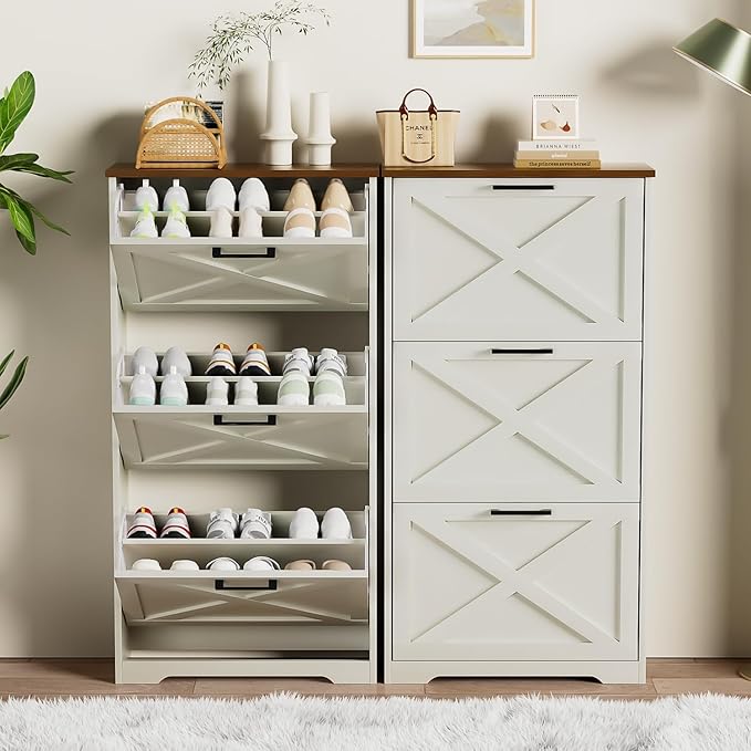 Shoe Cabinet for Entryway with 3 Flip Drawers, 3 Tier Freestanding, Slim Narrow Shoe Organizer Cabinet for Entryway, Hallway, Living Room White