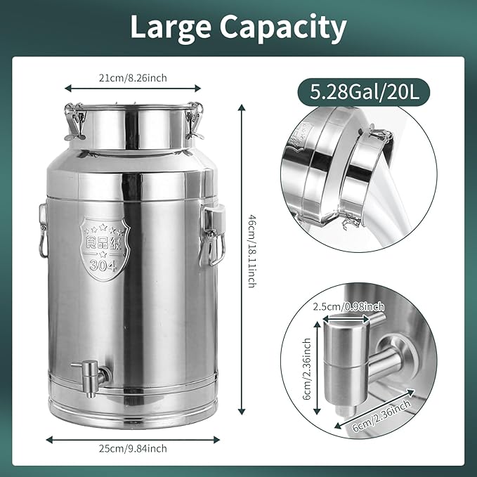 Stainless Steel Milk Can with Spigot,5 Gallon Stainless Steel Milk Bucket,20Liter Wine Pail with 2 Handles and Sealed Lid,Water jug Oil Liquid Storage Barrel,Airtight Food Storage Container
