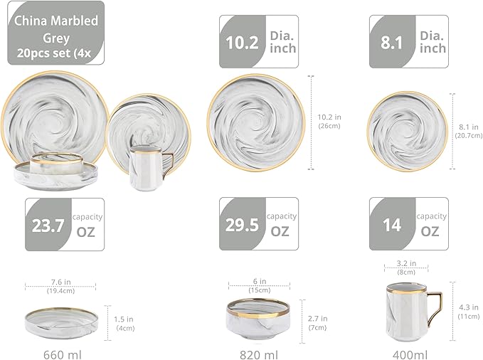 20 Piece Plates and Bowls Sets, Fine China Artisan Marbled Dinner Set for 4, Dishwasher Safe, Scratch Resistant, Grey with Gold Line