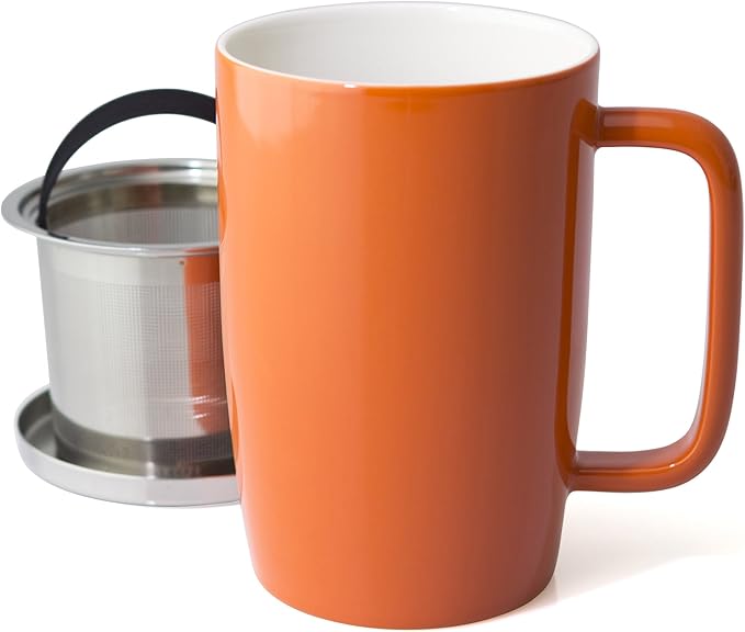 FORLIFE Dew Glossy Finish Brew-In-Mug with Basket Infuser & "Mirror" Stainless Lid 18 oz., Carrot