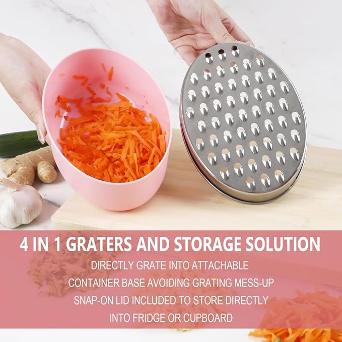 Cheese Grater Citrus Lemon Zester with Food Storage Container & Lid - Perfect For Hard Parmesan Or Soft Cheddar Cheeses, Ginger, Vegetables, Butter, Chocolate & Nutmeg (Pink)