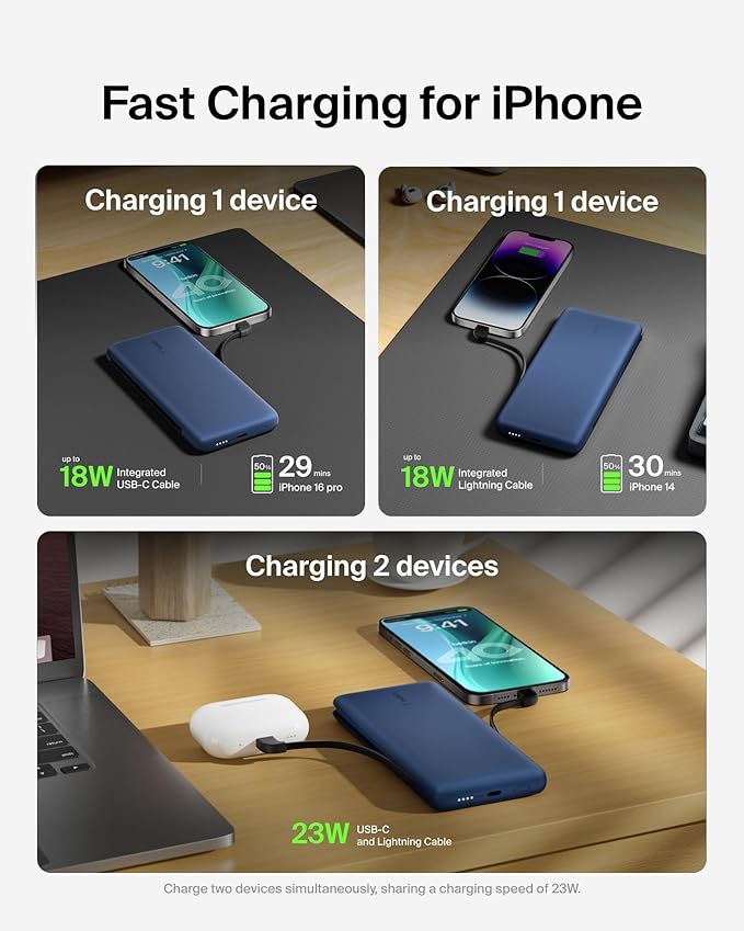 Belkin Portable Charger Power Bank for iPhone/Android - 10,000mAh, 23W Battery Pack for Phone with Integrated USB-C, Lightning Cables - Pass-Through Capability, Charge 2 Devices at Once