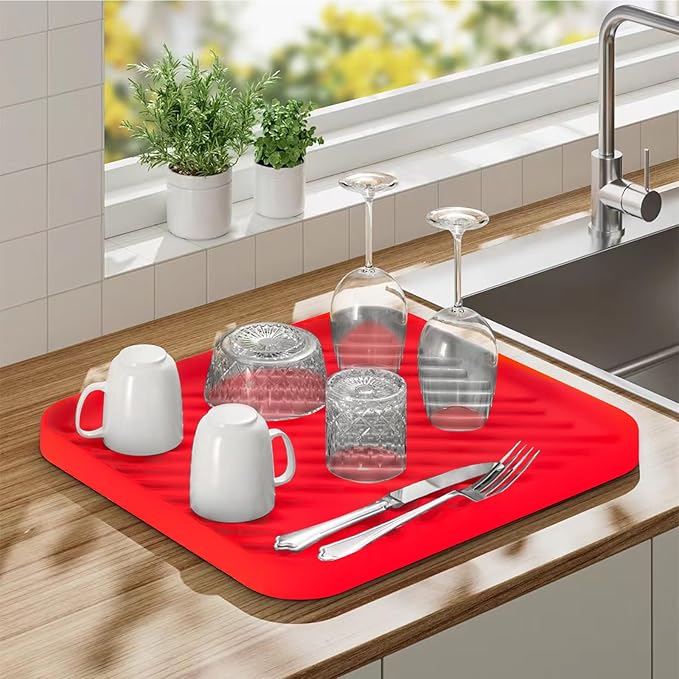 Silicone Organizer Tray for Kitchen Sink and Bathroom, Dishwasher Tray, Versatile Bathroom and Drawer Organizer Trays, Non-Slip Countertop (Red)