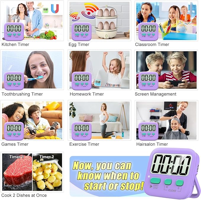 Antonki 2 Pack Digital Timer for Kids, Magnetic Countdown Kitchen Timers for Cooking, Egg, Classroom, Teacher, Exercise, Study, Oven - Battery Included