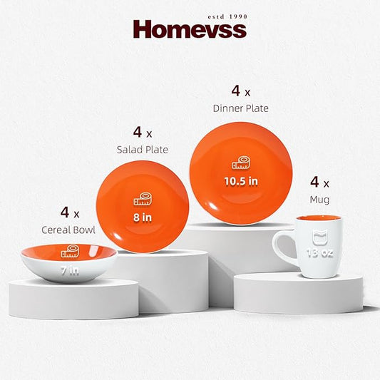 Stoneware Coupe Shape 16pc Dinnerware Set, Outside White + Inside Coral