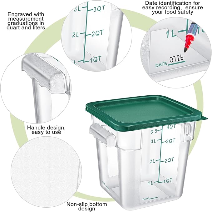 Maxcheck 4 Pcs 4qt Food Storage Container with Lids Bulk Clear Commercial Food Storage Bins with Scale Handle Space Saving Restaurant Tubs for Kitchen Prep Proof Dough Marinating Meat(Green)