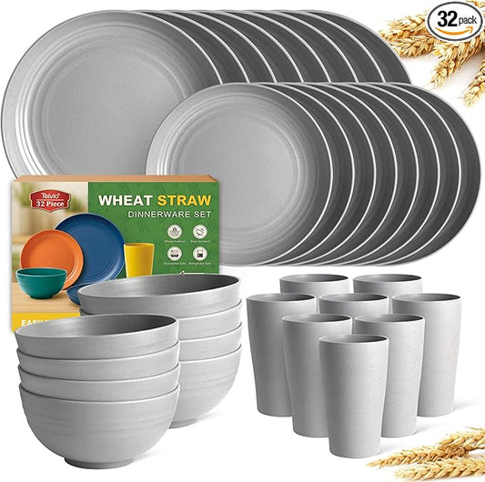 Teivio 32-Piece Kitchen Plastic Wheat Straw Dinnerware Set, Service for 8, Dinner Plates, Dessert Plate, Cereal Bowls, Cups, Unbreakable Colorful Plastic Outdoor Camping Dishes, Light Gray