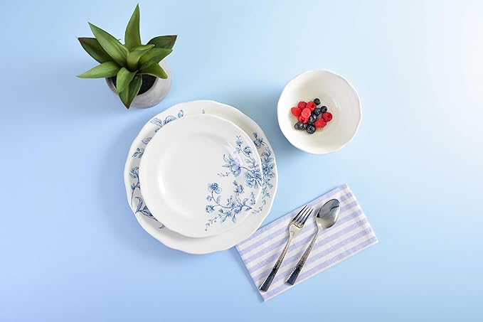 222 Fifth 12-Piece Porcelain Dinnerware Set for 4, White & Blue Plates and Bowls Set, Glossy Ceramic Dish Set with Beautiful Floral Design, Elegant Kitchen Dishes, Microwave & Dishwasher Safe, Bellamy