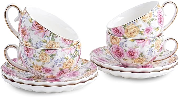 Tea Cup and Saucers, 6.4oz floral ceramic tea cups, Coffee Cappuccino Espresso Latte Mugs for Party Birthday,Christmas Gift (Pink and yellow roses)
