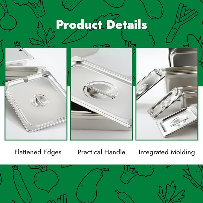 HECMAC 6-Pack 1/6 Size Hotel Pan Cover,Stainless Steel Solid Steam Table Catering Food Pan Lid with Handle
