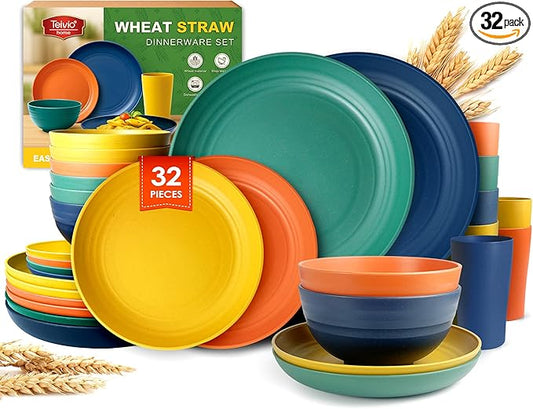 Teivio 32-Piece Kitchen Plastic Wheat Straw Dinnerware Set, Service for 8, Dinner Plates, Dessert Plate, Cereal Bowls, Cups, Unbreakable Colorful Plastic Outdoor Camping Dishes, Autumn Multicolor