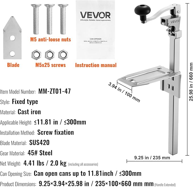 VEVOR Commercial Can Opener, Heavy-Duty Manual Tabletop Cans Opener for Cans Up to 11.8 in Height, Height-Adjustable Professional Can Openers with Stainless Steel Blade, for Restaurant & Food Store