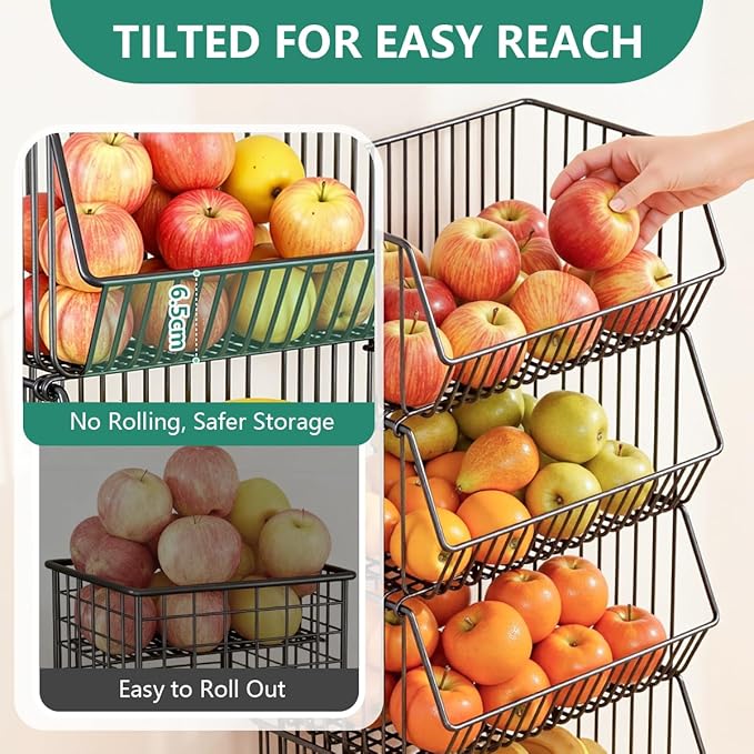Wire Baskets Organization with Rollers for Kitchen and Home Storage, Vegetable Fruits Metal Basket for Countertop and Corner, Wire Basket Storage Bins for Space Utilization, Durable, 5 Tiers