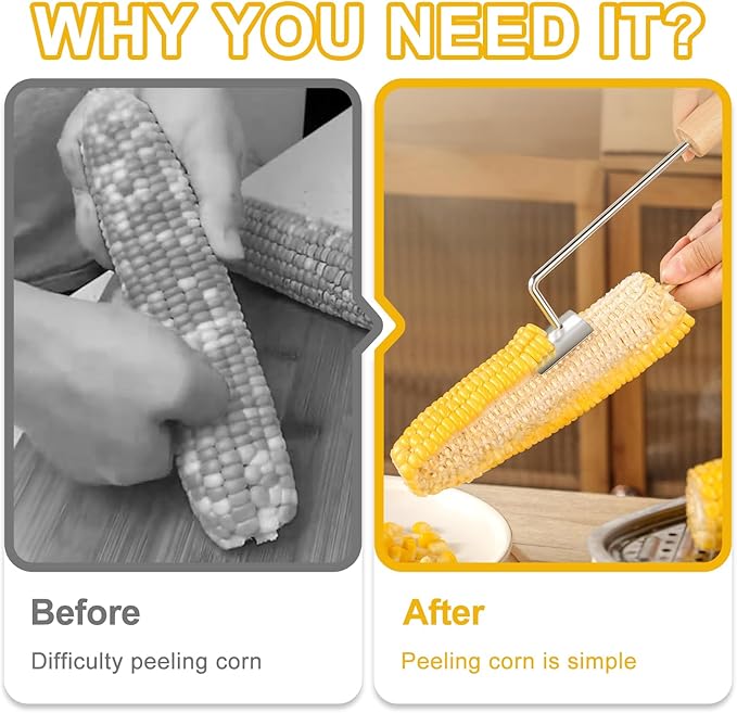 Corn Peeler for Corn on the Cob, 2025 Upgraded Wooden and Stainless Steel Handle Corn Stripper for Corn on the Cob, Corn Cob Stripping Tool Easy to Clean for Home Kitchen and Outdoor Cooking (2 Pcs)