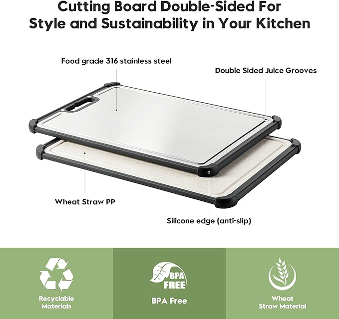 Premium 316 Stainless Steel Cutting Board for Kitchen– Double Sided,& BPA-Free Chopping Board with Food-Grade Steel &Eco-Friendly Wheat Straw PP,for Meat&Vegetables Healthy cutting boards non toxic