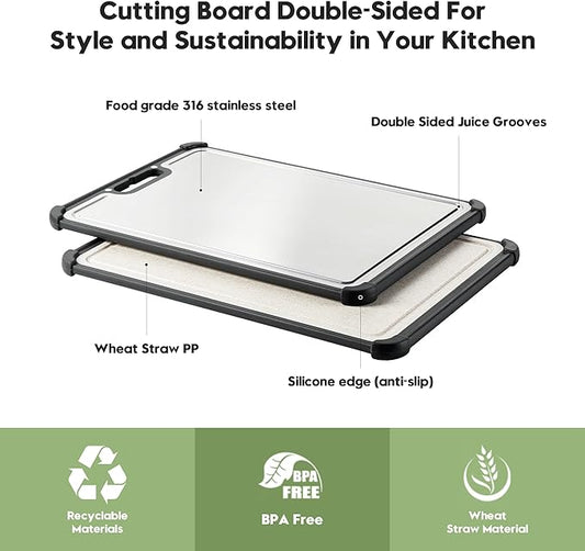 Premium 316 Stainless Steel Cutting Board for Kitchen– Double Sided,& BPA-Free Chopping Board with Food-Grade Steel &Eco-Friendly Wheat Straw PP,for Meat&Vegetables Healthy cutting boards non toxic