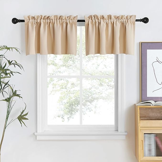 NICETOWN Farmhouse Valances for Kitchen/Bathroom/Living Room/Bedroom Blackout Privacy Adjustblae Rod Pocket Short Winow Curtains for Cafe/Loft/Office, 1 Pair, 42" x 18" + 1.6" Header, Biscotti Beige