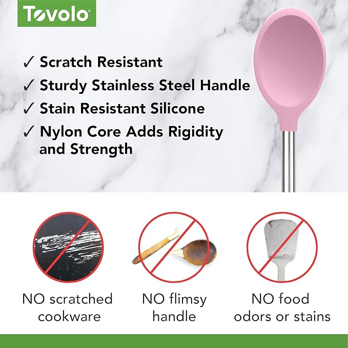 Tovolo Silicone Mixing Spoon with Stainless Steel Handle Pink Sorbet, Dishwasher Safe Heat Resistant Scratch Resistant Silicone Stirring Cooking Spoon for Nonstick Cookware Kitchen Utensils
