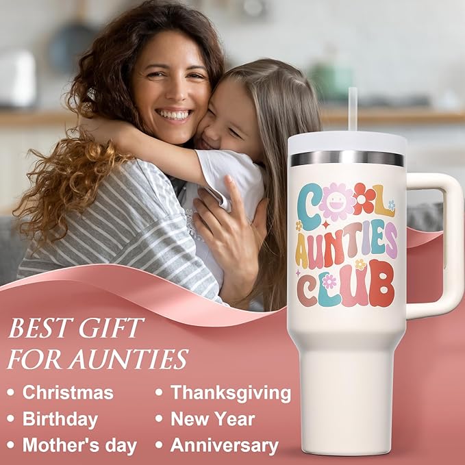 Aunt Gifts, Christmas Gift from Niece Nephew, 40 OZ Tumbler Best Aunts Gifts for Auntie, Cool Aunties Club Insulated Cup with Handle Unique Funny Birthday Gift for Women, New Auntie, Aunt to Be