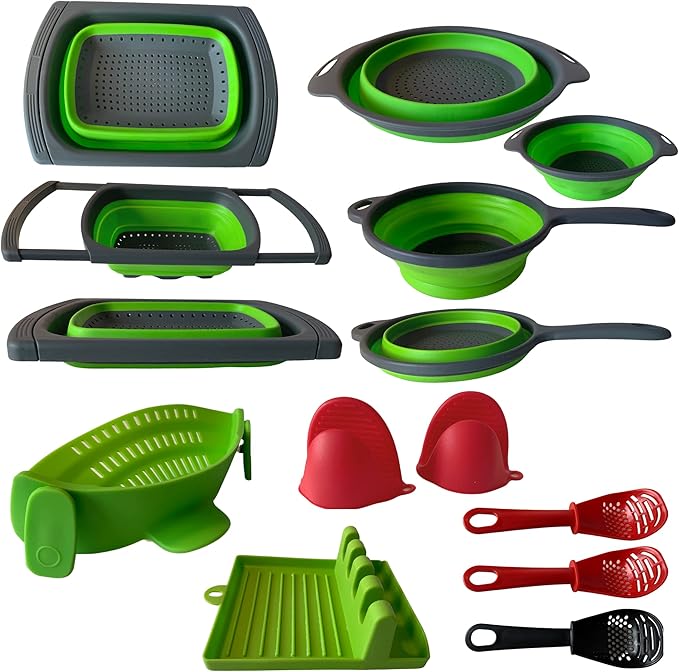 BaraBara 10 pcs Silicone Telescopic Collapsible Strainers with Handles, Foldable Bowl, Clip on Drainer. Green Spoon Rest, 3 ladle Masher Spoons. Silicone Gloves Heat Resistant Bundle Cooking Set.