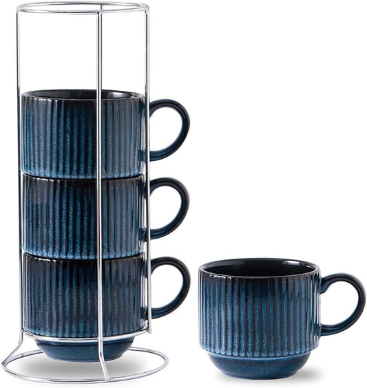 HASENSE Large Coffee Mug Set of 4 with Holder - 15 Oz Stackable Ceramic Ribbed Latte Cup Set for Cappuccino, Tea, Hot Cocoa, Drinks - Dishwasher & Microwave Safe, Navy