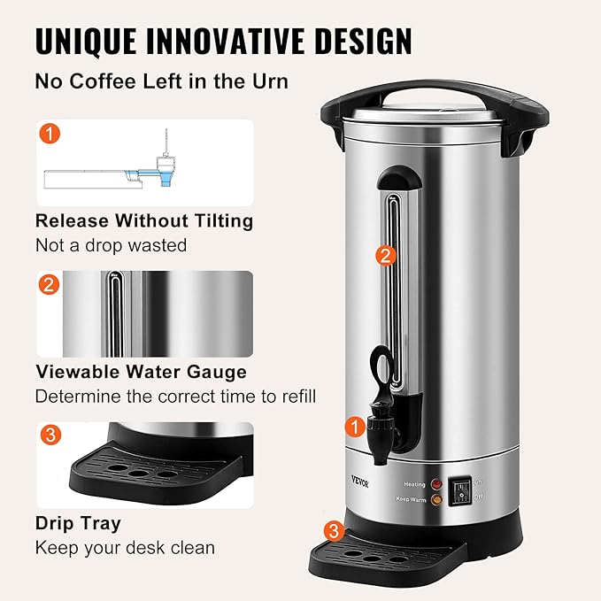 VEVOR Commercial Coffee Urn, 110Cups/16.5L Stainless Steel Large Coffee Dispenser, 1500W 110V Electric Coffee Maker Urn For Quick Brewing, Hot Water Urn for Easy Cleaning