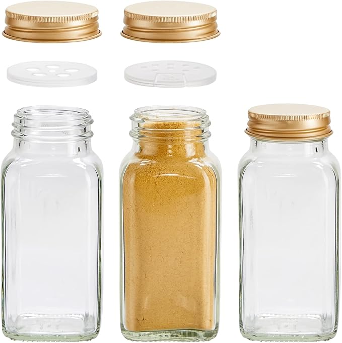 Talented Kitchen Spice Jars - 24-Pack 6 oz Glass Jars with Gold Shaker Lids - 328 Preprinted Labels & Silicone Funnel - Seasoning Organizer for Kitchen Storage
