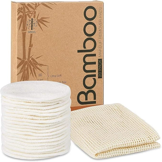 20 Packs Organic Reusable Makeup Remover Pads, Washable Bamboo Cotton Rounds for All Skin Types with Cotton Laundry Bag