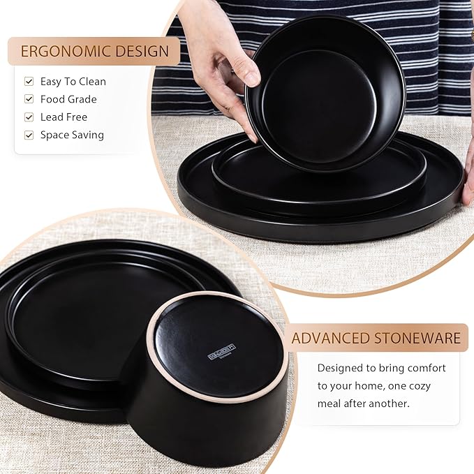 Plates and Bowls Sets for 4 - CJDC-QUELO 16 Piece Stoneware Dinnerware Sets with Mugs, Ceramic Dishware Sets for Kitchen Dining Use, Chip and Scratch Resistant Microwave Dishwasher Safe, Black