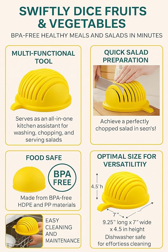 Dependable Industries inc. Essentials Quick Salad Maker Chopper Salad Cutter Bowl Swiftly Dice Fruits & Vegetables, BPA-Free Healthy Meals and Salads in Minutes Multi-functional (Yellow)