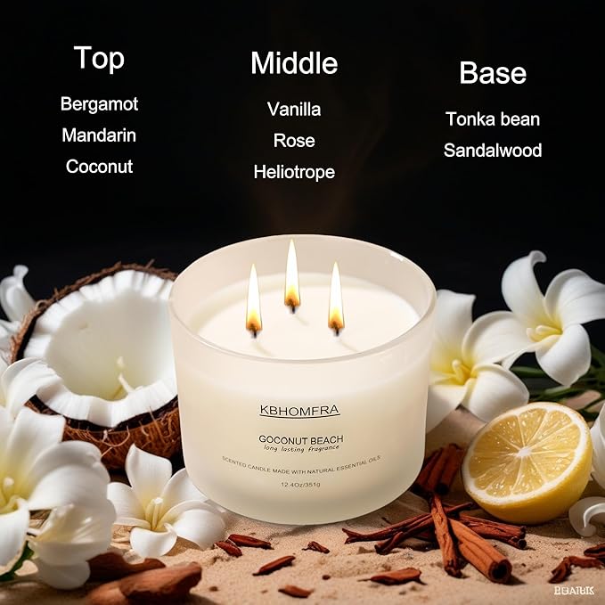 Scented Candle for Home, Coconut Vanilla Fall Candles, Soy Wax 12.4oz Large Capacity,3-Wick 70 Hours Burn,for Festival Luxury Gift,Sleep Decor Relaxation Ambience