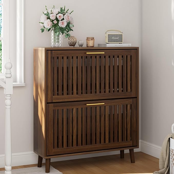 Shoe Storage Cabinet with 2 Flip Slatted Drawers, Narrow Wood Shoe Cabinet with Gold Handle, Hidden Entryway Shoe Organizer for Hallway, Foyer, Walnut