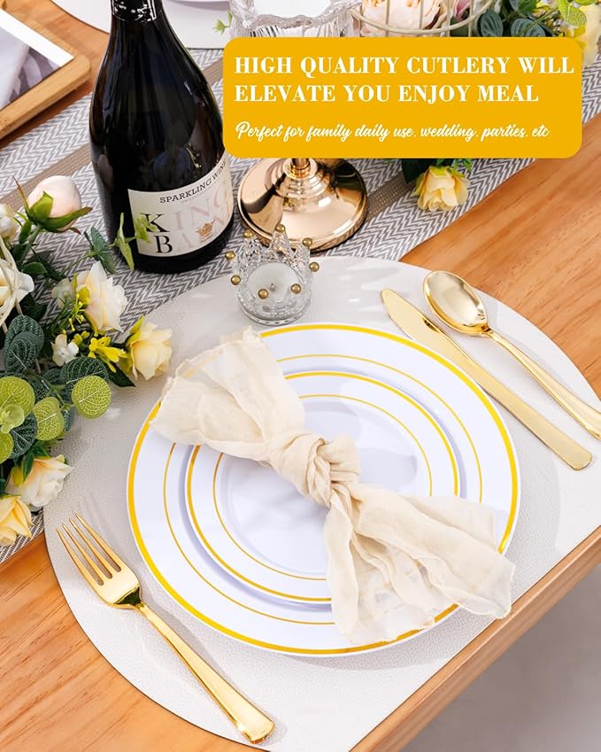 Supernal 60pcs Gold Plastic Dinnerware Set Includes Gold Plastic Plates and Disposable Silverware,Disposable Party Plates and Flatware Service for 12 Guests,Perfect for Birthday,Party,Wedding